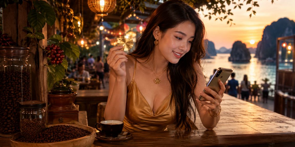 Du khách tại Hạ Long mở ứng dụng casino di động bên tách cà phê nhìn ra vịnh