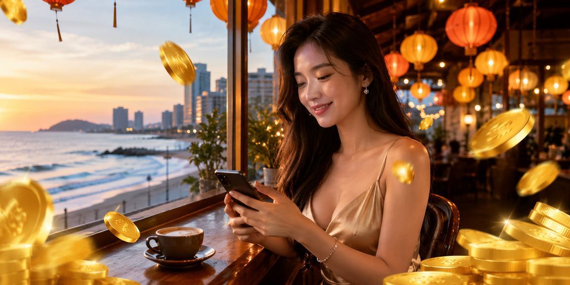 Không gian cà phê Hội An với người dùng đang xem thông tin tài chính và cá cược thể thao trên laptop