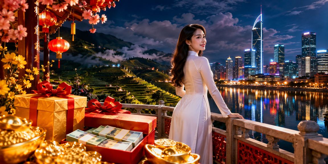 Người dùng xem tỷ lệ cá cược thể thao trên điện thoại tại vùng núi Sapa với trang phục áo dài truyền thống
